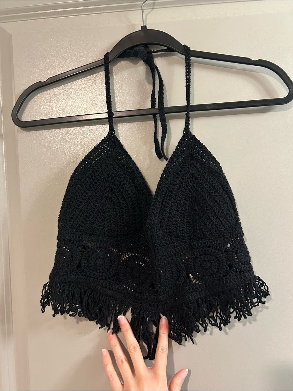 Sans Souci Black Festival Crochet Fringe Halter Top